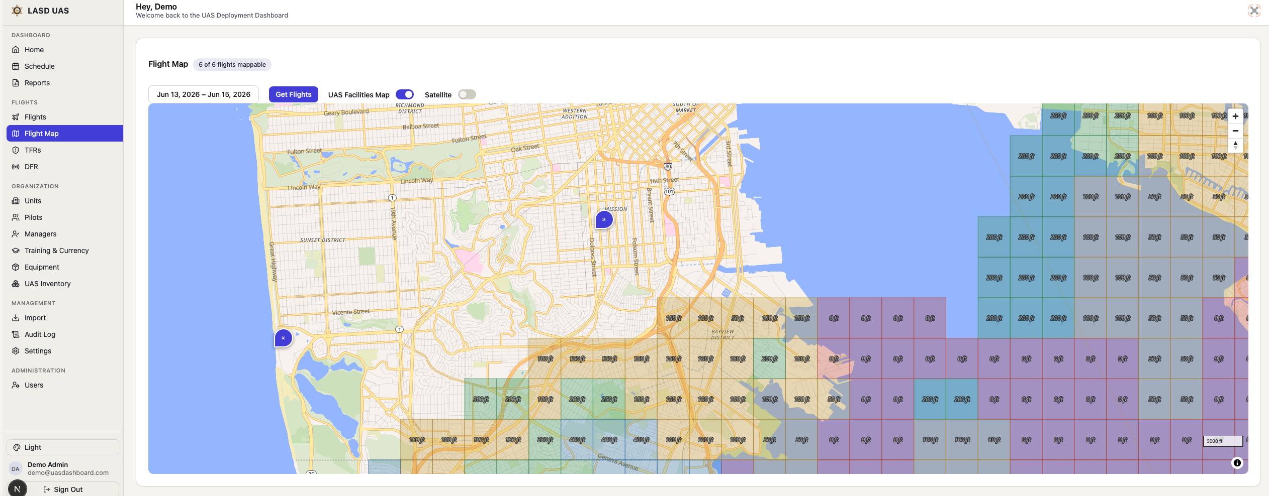 Airspace map with FAA UAS Facility Map overlays
