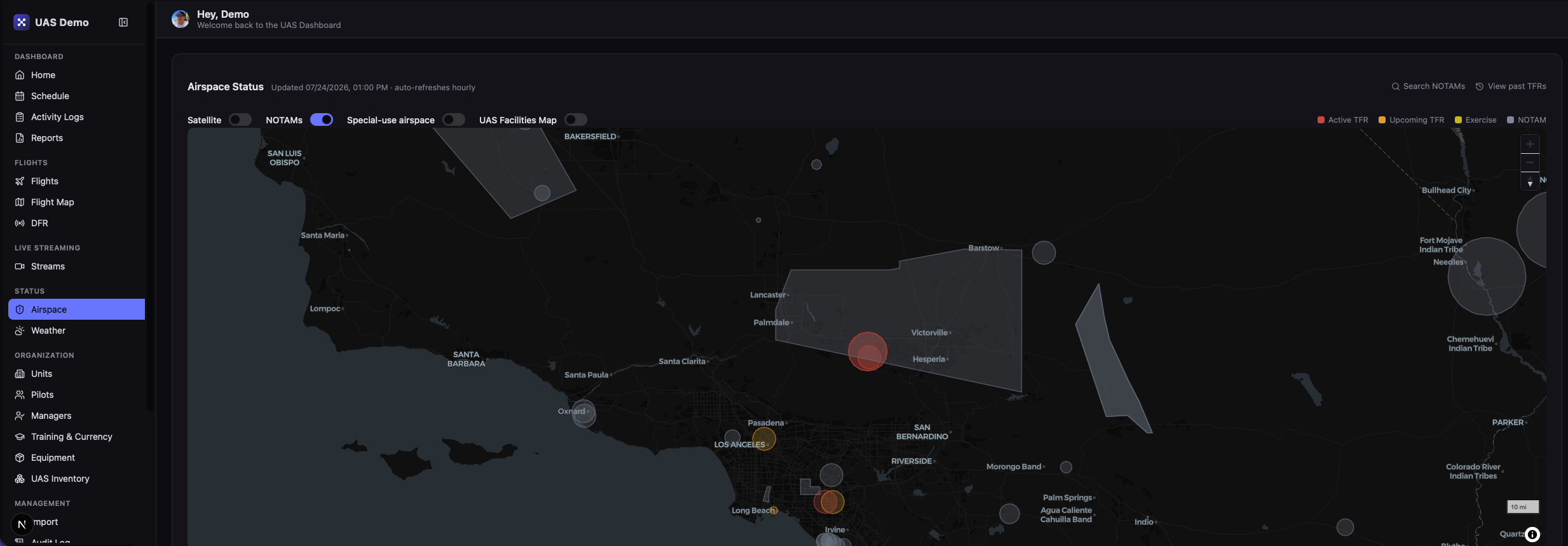 Live airspace status map with TFRs and NOTAMs