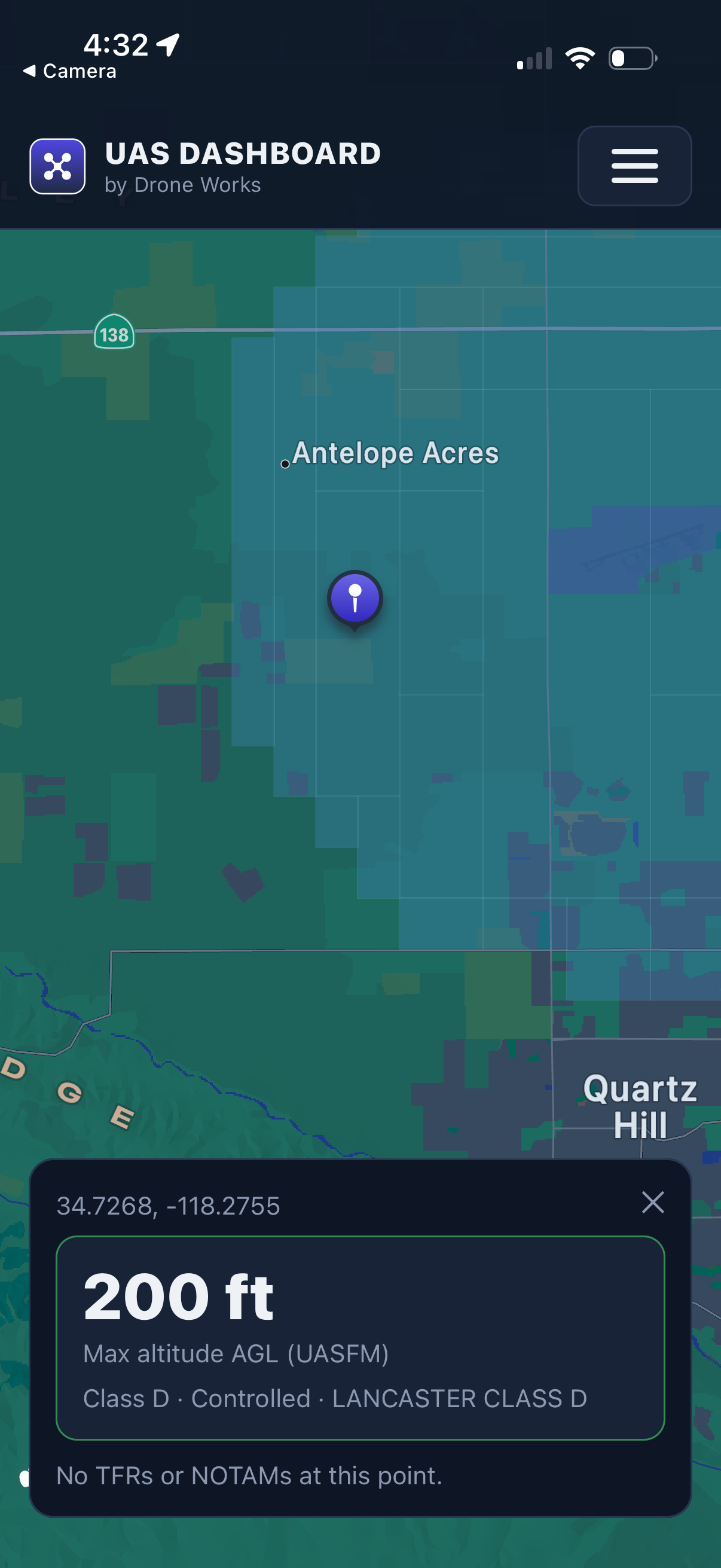 Tapped point showing 200 ft max altitude and Class D airspace