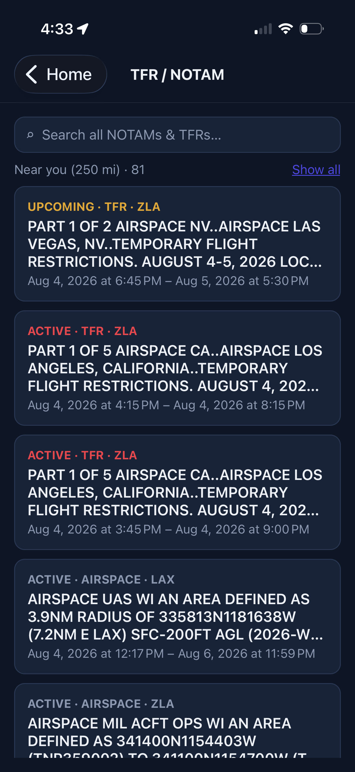 Searchable TFR and NOTAM list filtered to nearby
