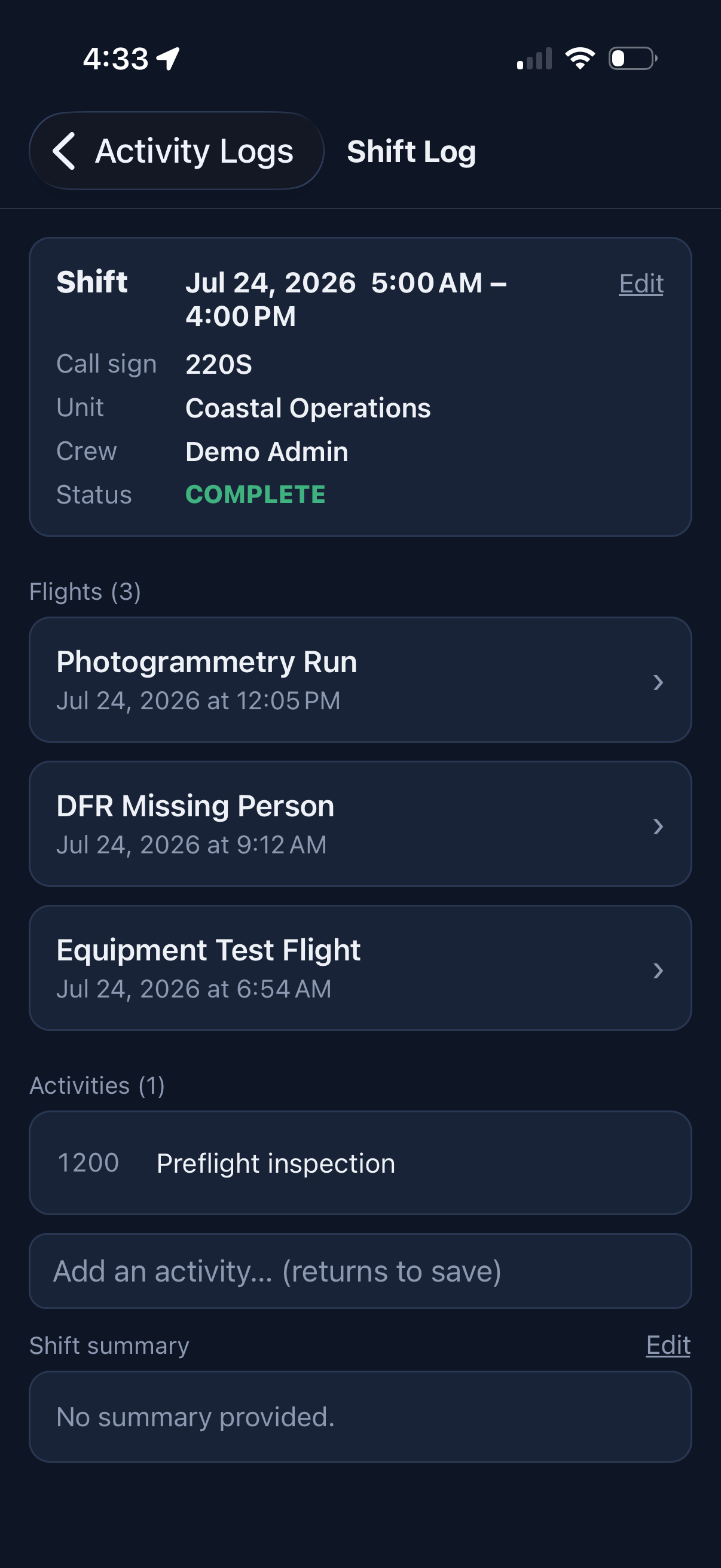 Shift log with flights and activities